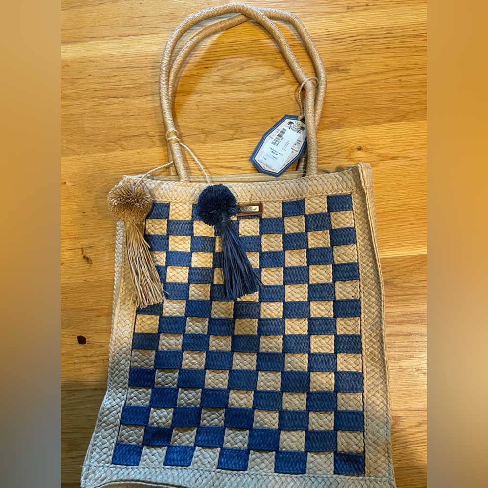 Blue and Tan Checkered Tote Bag